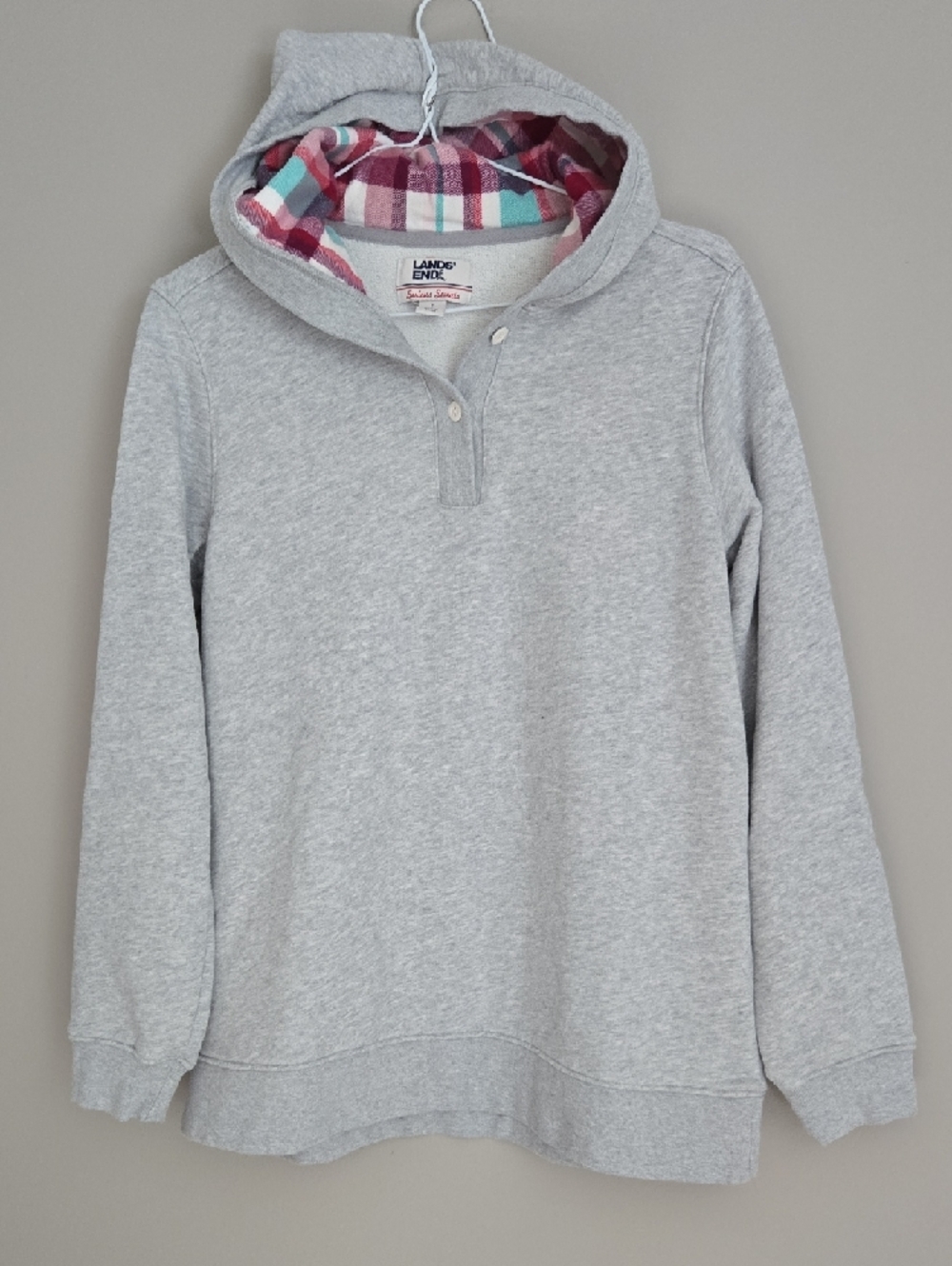 Lands' End Light Gray Hooded Pullover with Pink & Teal Plaid Lining